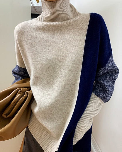 Women's Loose High Neck Contrasting Sweater
