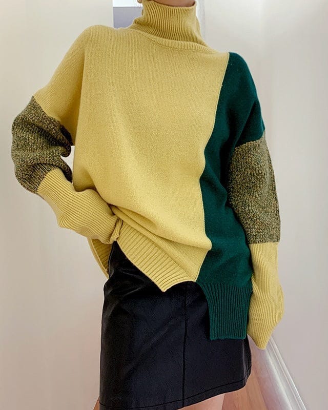 Women's Loose High Neck Contrasting Sweater