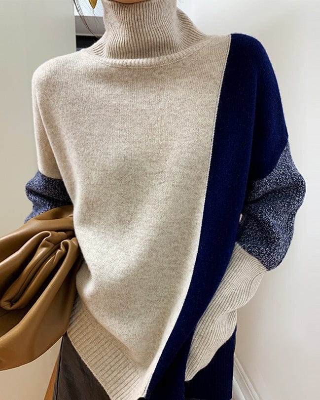 Women's Loose High Neck Contrasting Sweater